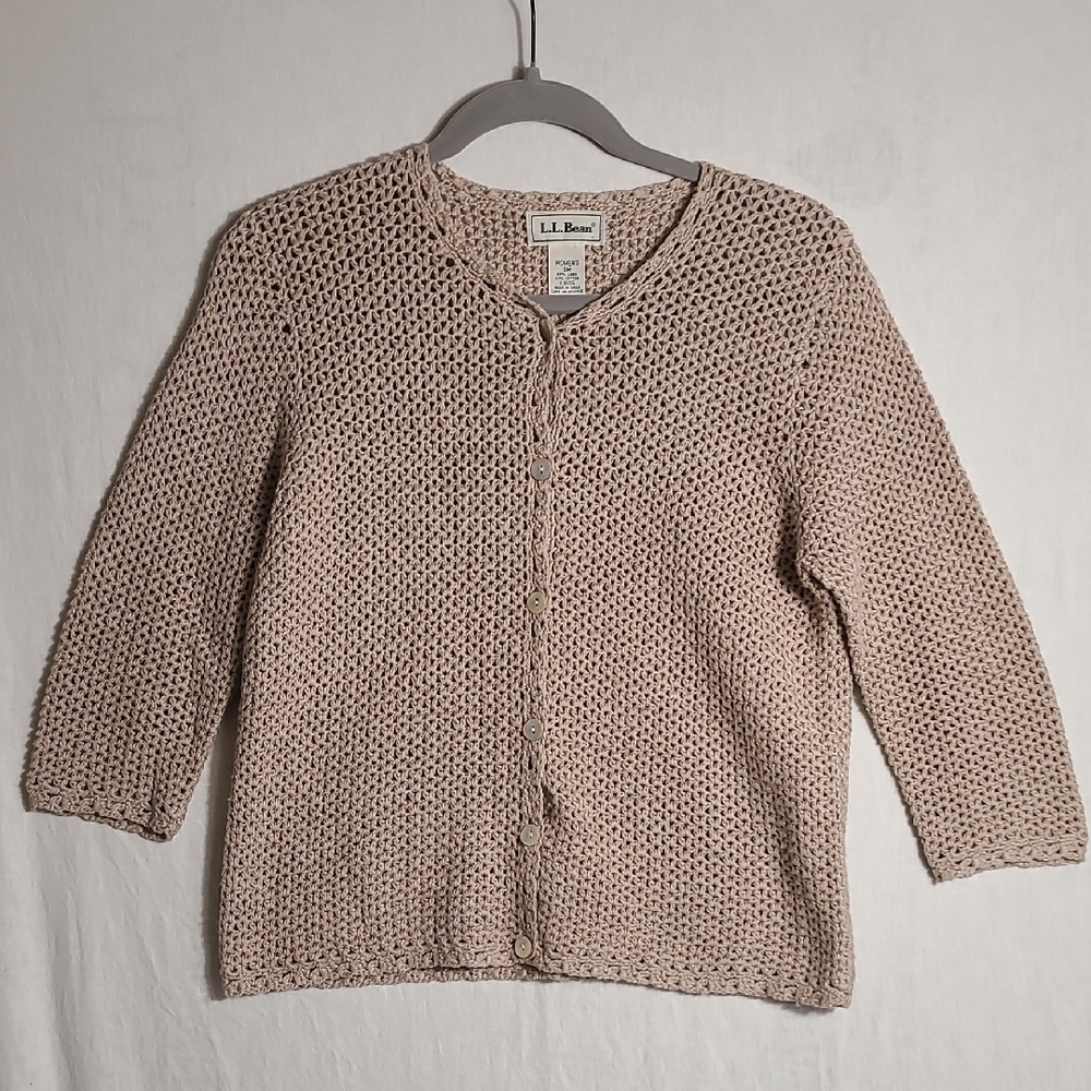 L.L. Bean Vintage Linen Cotton Blend Open Knit Cardigan in Oatmeal Size Small
